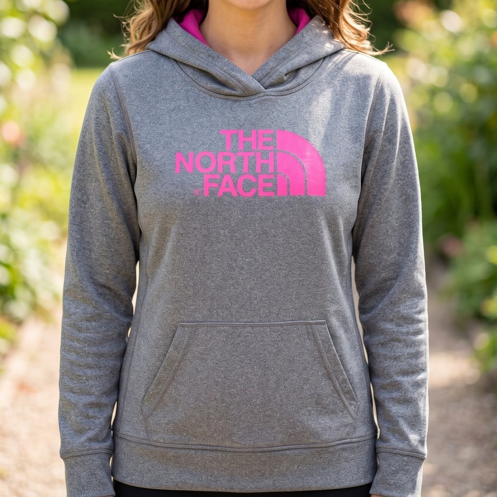 The North Face Womens Heather Gray Pink Logo Pullover Hoodie Activewear L